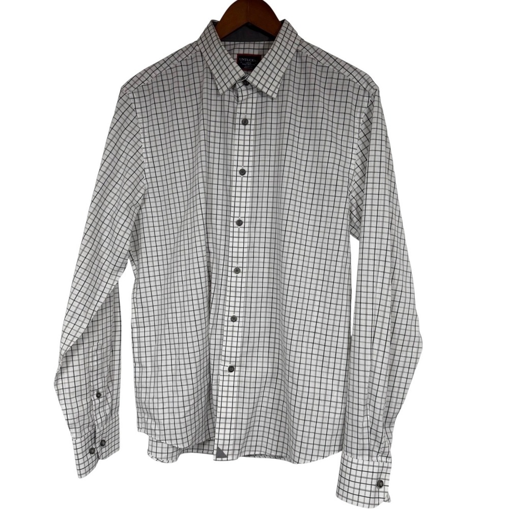 UNTUCKit Seiler WF Slim Fit Wrinkle Free Grid Check Shirt Mens Large White Grey